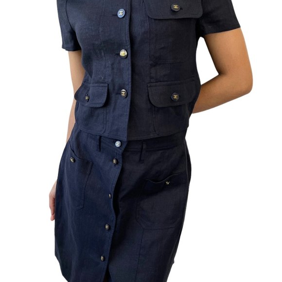 CHANEL Vintage CC Mark Button Linen Jacket Skirt Set #40 Dark Blue [102994] - Picture 1 of 12